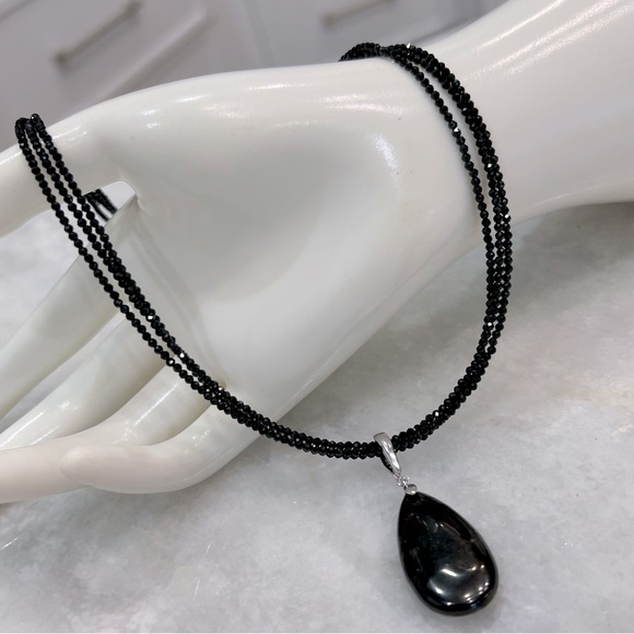 Shungite Pear Shaped Enhancer Thai Black Spinel Triple Row Beaded Neckla…